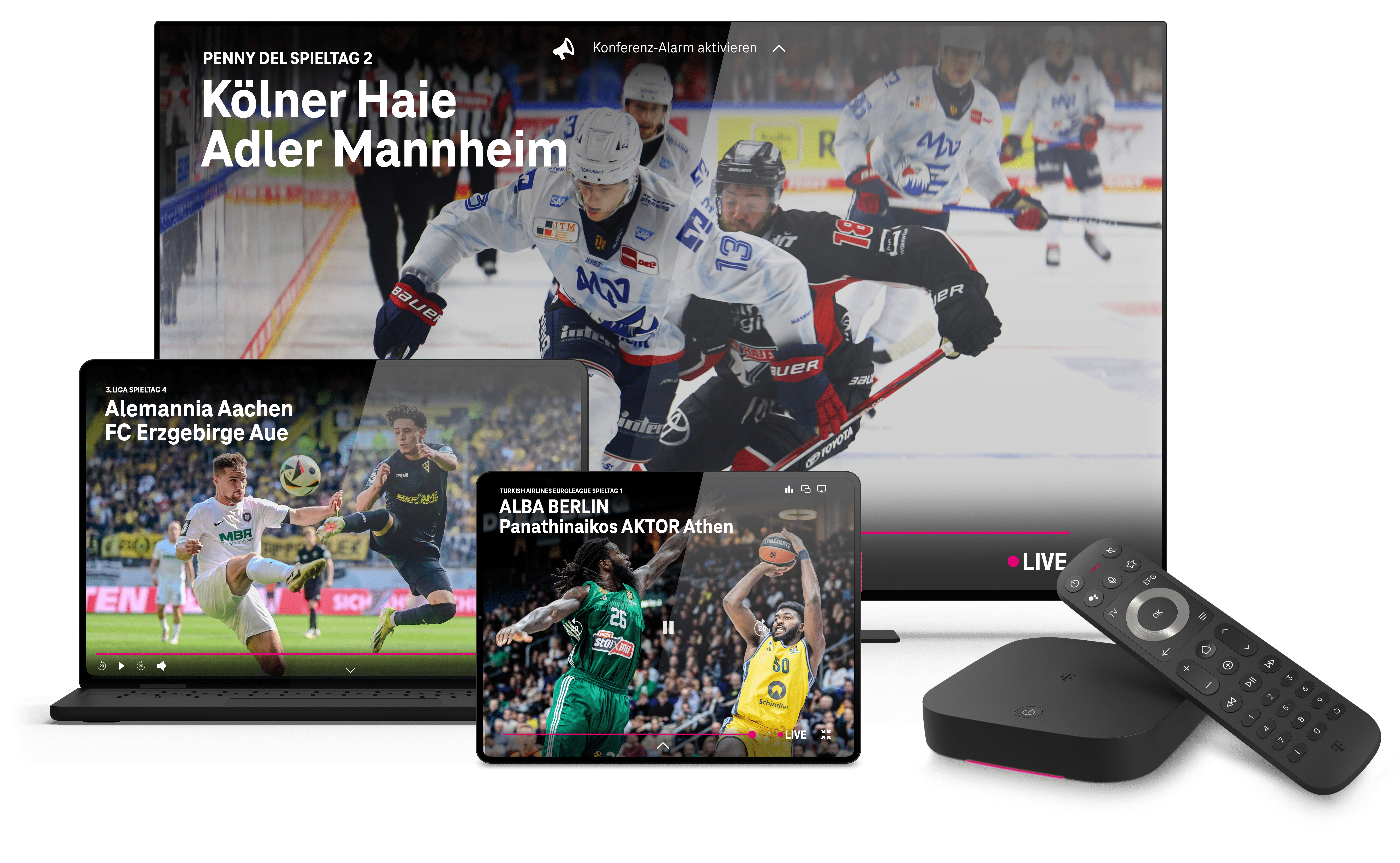 Auf einem Laptop, Tablet und Fernsehen laufen Sportübertragungen von MagentaSport, daneben liegt eine Fernbedienung.